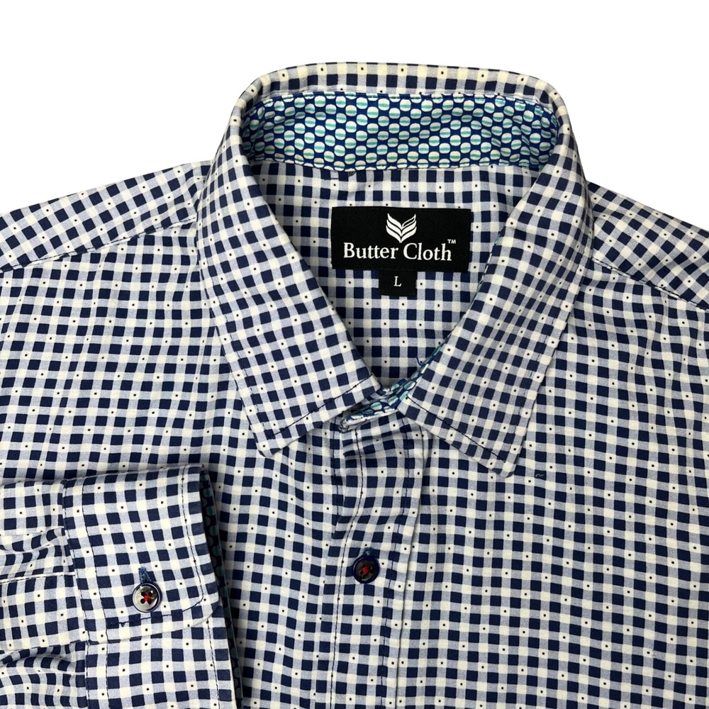 Butter Cloth Button Down Shirt Mens Large Navy Blue Gingham Long Sleeve Contrast